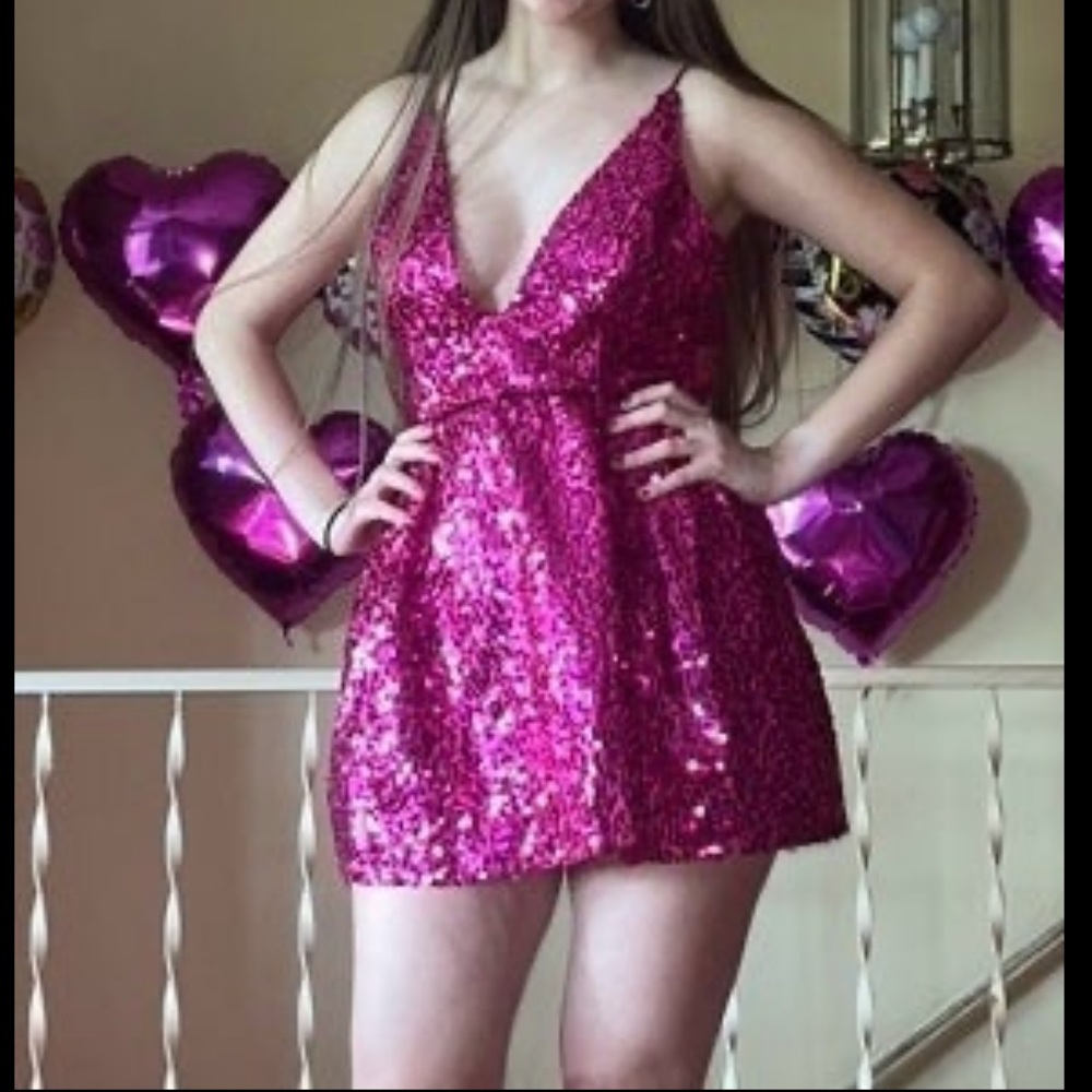 Hot Pink sequin dress with tie ribbons in the back Size Large